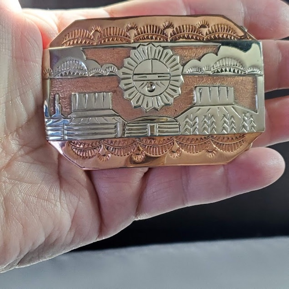 FK Mixed Metal Copper Silver Sunface Desert Belt Buckle Navajo Style Southwest